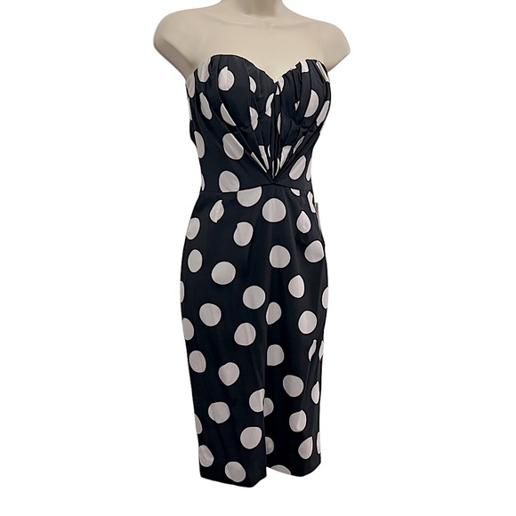 DOLCE & GABANNA VINTAGE WHITE/BLACK DOTS SILK BUSTIER MIDI STRAPLESS DRESS SZ 6 - Picture 2 of 16